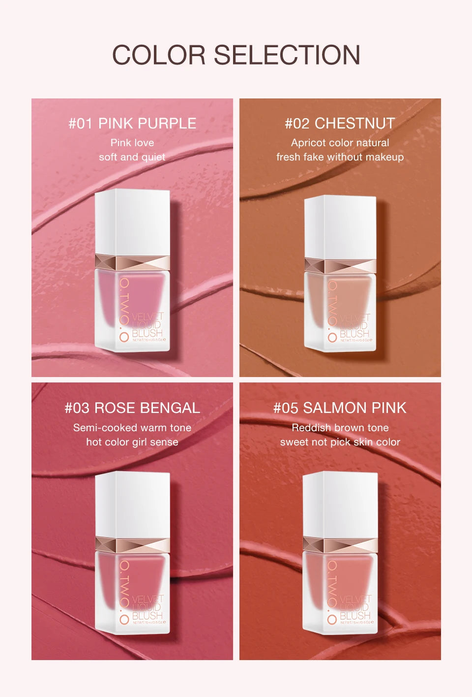 O.TWO.O Liquid Blusher 4 Colors Rose Pink Blush Long Lasting Natural Cheek Face Makeup Blusher High Pigment For Women Cosmetics