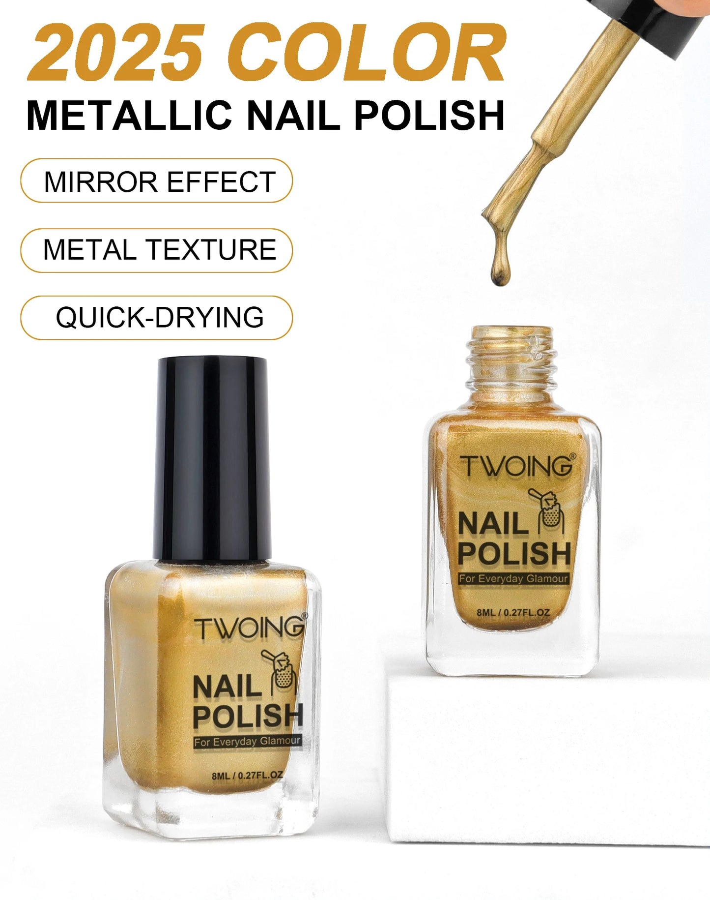 8ml Gold Metallic Nail Polish Bright Metal Mirror Nail Polish, Lasting，High Shine，Manicure Nail Lacquers Quick-Dry Manicure Art