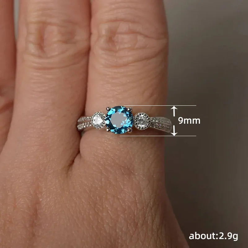 Fashion Female Ring  925 Sterling Silve Sea Blue Round Zircon Finger Rings for Women Promise Love Wedding Ring for Women Jewelry