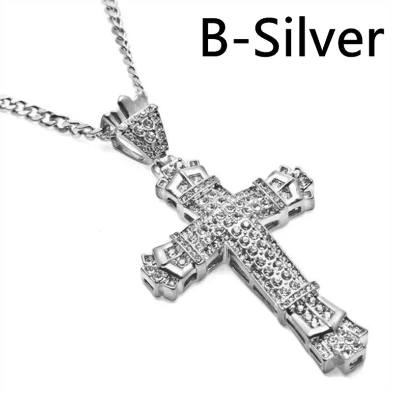 Mens Jewellery Cross Necklace Chain for Men Stainless Steel Necklace Men Hip Hop Jewelry Rhinestone Religious Pendant Collares