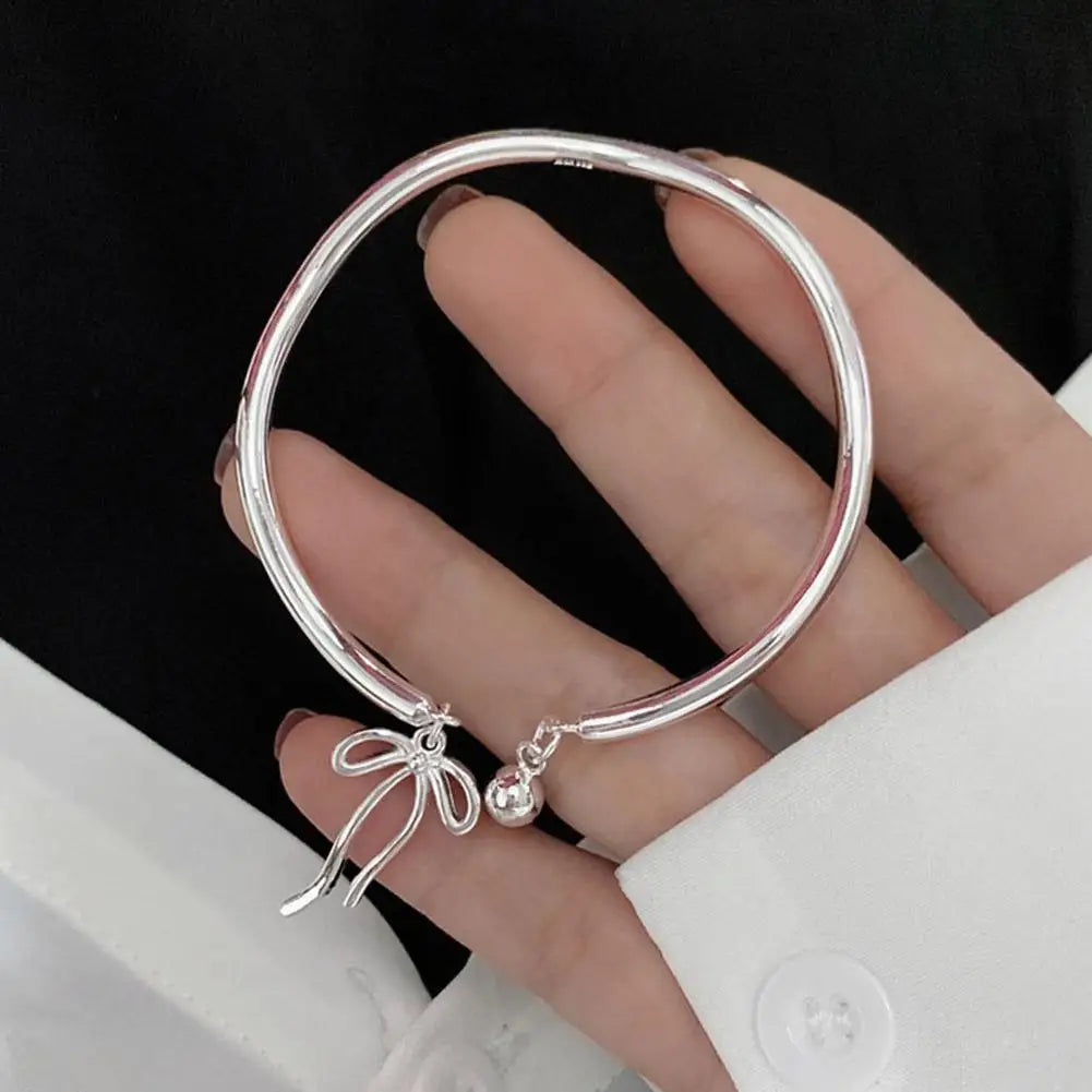 Luxury Silver Bow Knot Bell Bracelet Adjustable Open Girls Women