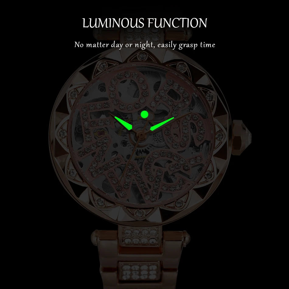 Luxury Brands Fashion 2025 New Women's Watches 3D Diamond Stainless Steel Skeleton Mechanical Clock Elegant Ladies Wedding Gift