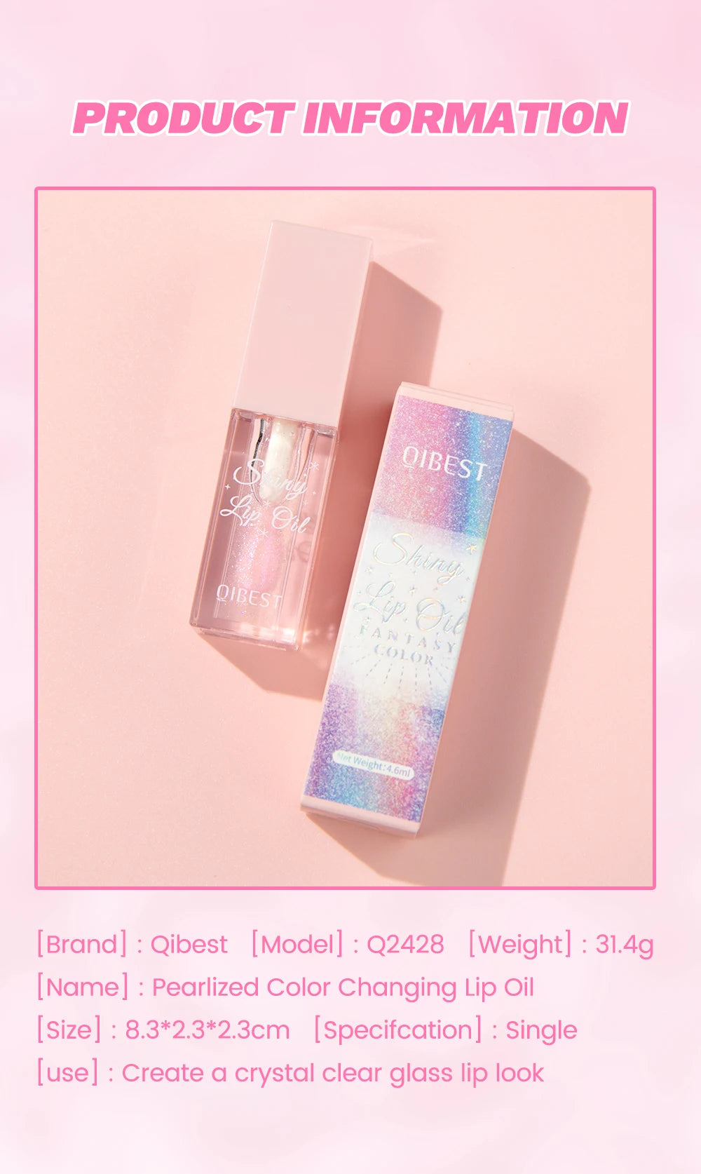 Pearlescent Pink Glitter Lip Oil Lustrous Color Changing Lip Gloss Moisturizing Makeup Lip Balm Mirror Glass Lip Glaze Cosmetics