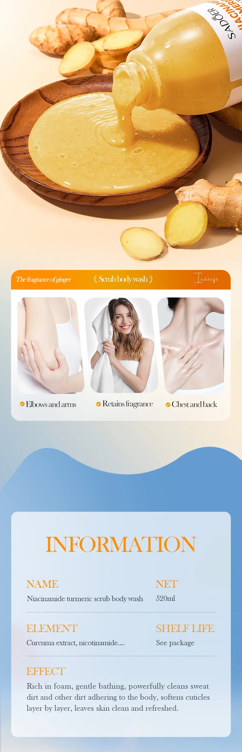 Turmeric Scrub Shower Gel 520ml Niacinamide Cleansing Lightening Dark Underarm Leg Body Cleansers Brightening body Tender Skin