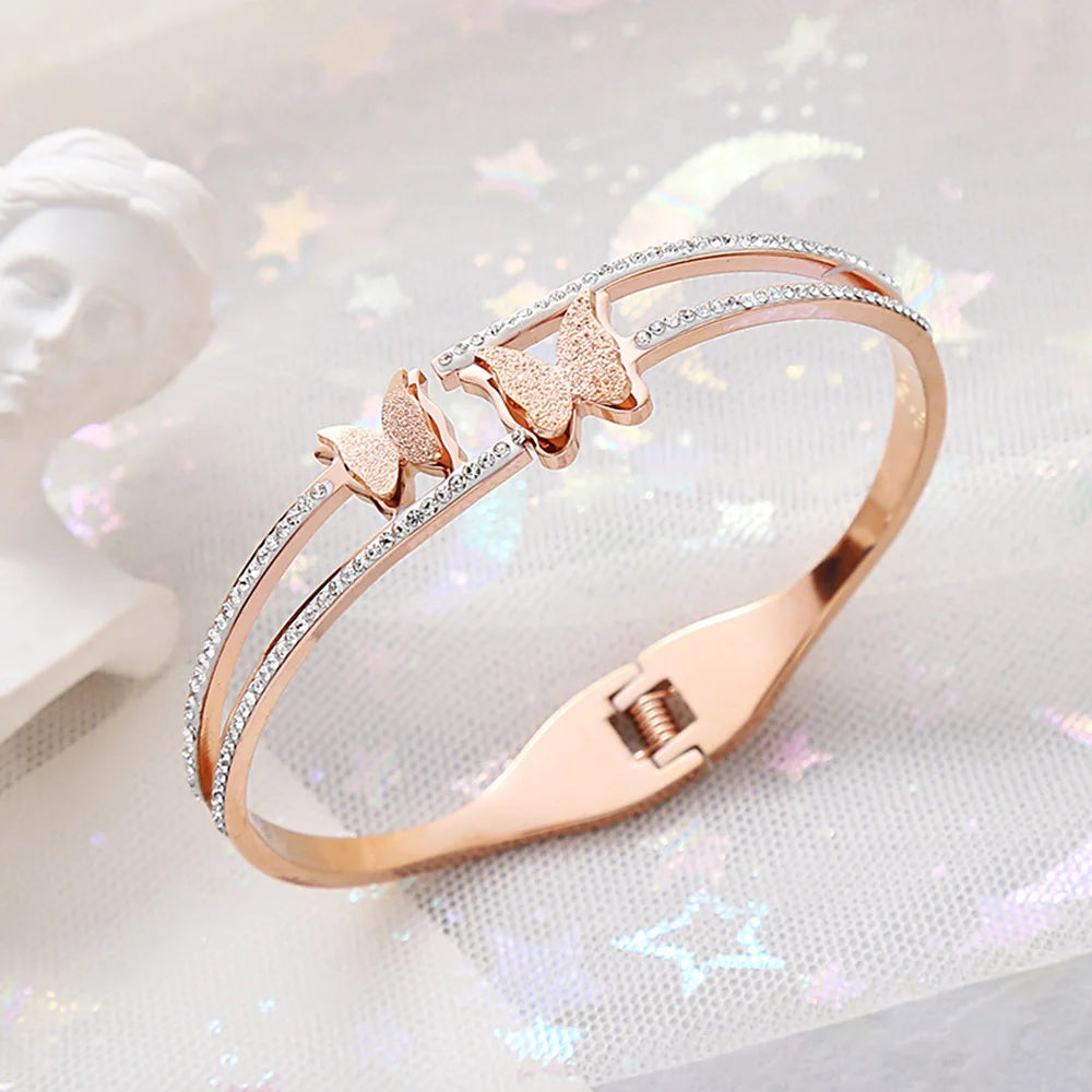 Luxury Crystal Butterfly Bracelet, Silver Gold Plated Women's Bracelet White, Double Layer Zircon Spring Bracelet, Girls Gift