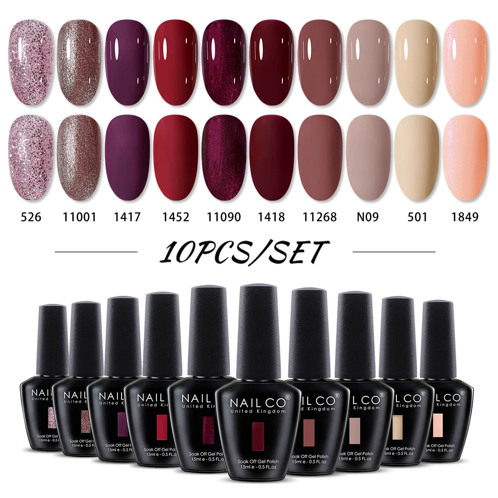 NAILCO 10PCS/Set Gel Nail Polish Gorgeous Full Coverage Semi Permanent Soak Off UV LED Gel Nail Art Base Top Coat Gel Polish Kit