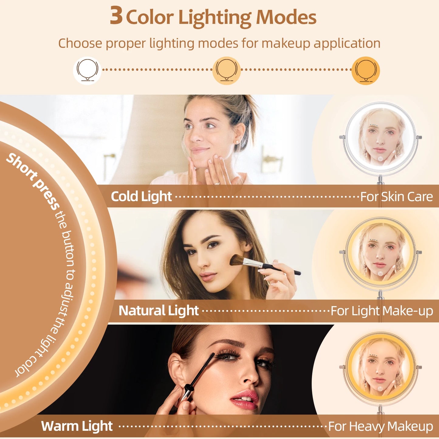 3 Color Lights Makeup Mirror With Light Lamp 10X Magnification 8 Inch Adjustable Brightness Height Standing Cosmetic Mirror