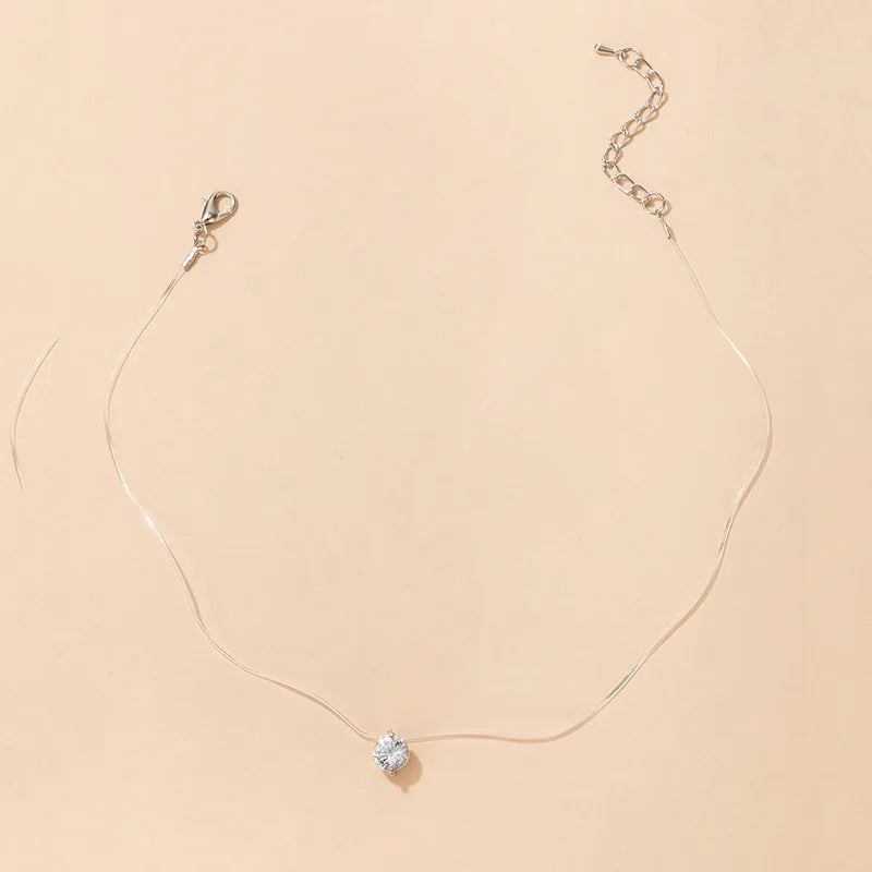Simple Round Single Rhinestones Pendant Necklaces for Women Trendy Transparent Fishing Line Short Chokers Party Neck Jewelry