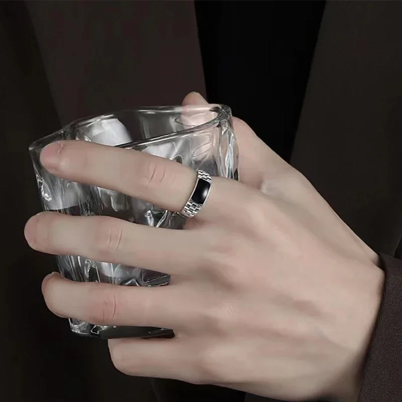 New Light Luxury Silver Plated Ring for Men Vintage Drip Glazed Opening Ring High-end Geometric Finger Ring Кольцо С Эмалью