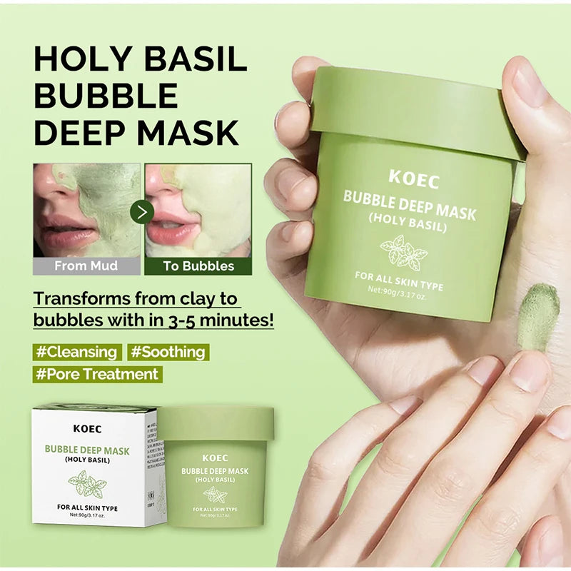 Holy Basil Bubble Deep Mask,Carbonated Water Face Cleansing Pores Blackheads Sebum,Clay Mud Mask Wash-Off Pack,Korean Skincare