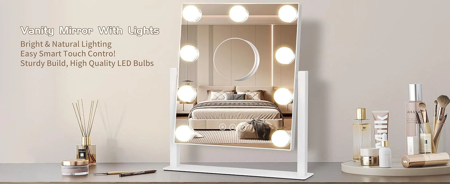 Makeup Mirror with 9 Bulbs Lights LED Vanity Mirror,3 Color Mode Dimming,Detachable 10X Zoom Mirror,360° Rotation,Metal Frame