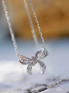 S925 Sterling Silver Women's Necklace Cute Bow Zirconia Pendant Necklace French Jewellery for Daily Wear Holiday Party Gifts