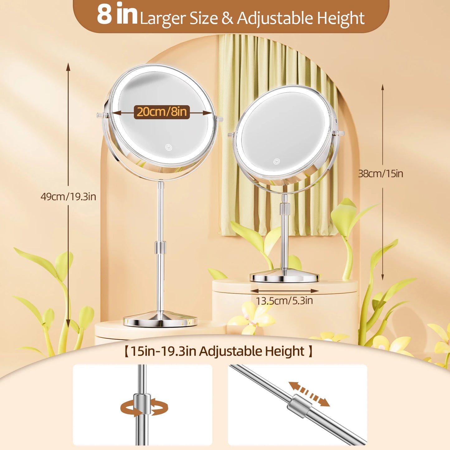 3 Color Lights Makeup Mirror With Light Lamp 10X Magnification 8 Inch Adjustable Brightness Height Standing Cosmetic Mirror